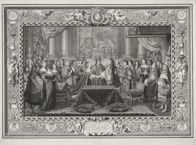 Ceremonia de Matrimonio de Luis XIV (1638-1715) Rey de Francia y Navarra, y la Infanta, María Teresa de Austria (1638-83) hija de Felipe IV, Rey de España en 1660, grabado por B. Jeaurat, 1731 de Charles Le Brun